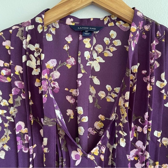 Lands' End Women's Floral Tie Neck Short Sleeve Blouse Purple Size 8P - Picture 4 of 10